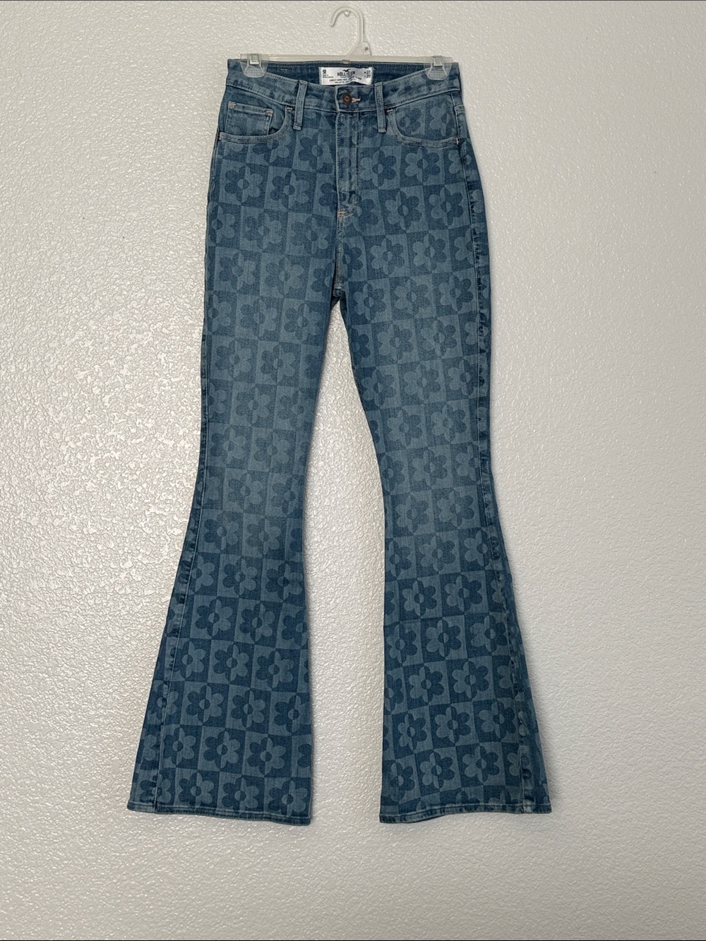 Hollister Blue Floral Checkerboard Flare Jeans - Dark/Light Blue Mix